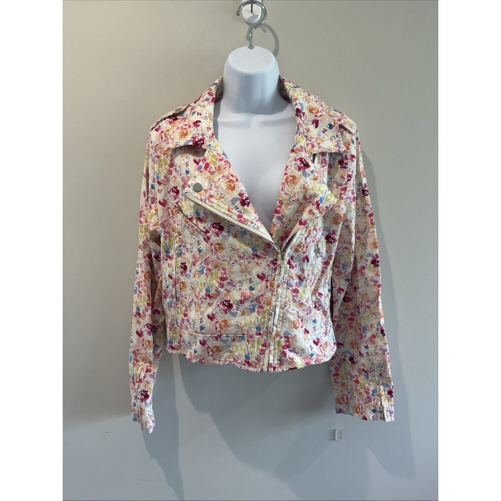 Fate Floral Moto Biker Jacket Watercolor Print Zip Cropped Boho Size Medium